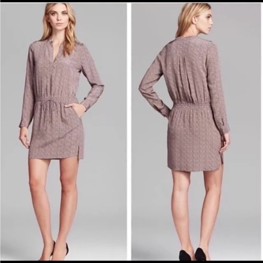 Vince Silk Brown Print Cinched Waist Shirtdress Size 4 Long Sleeve V Neck